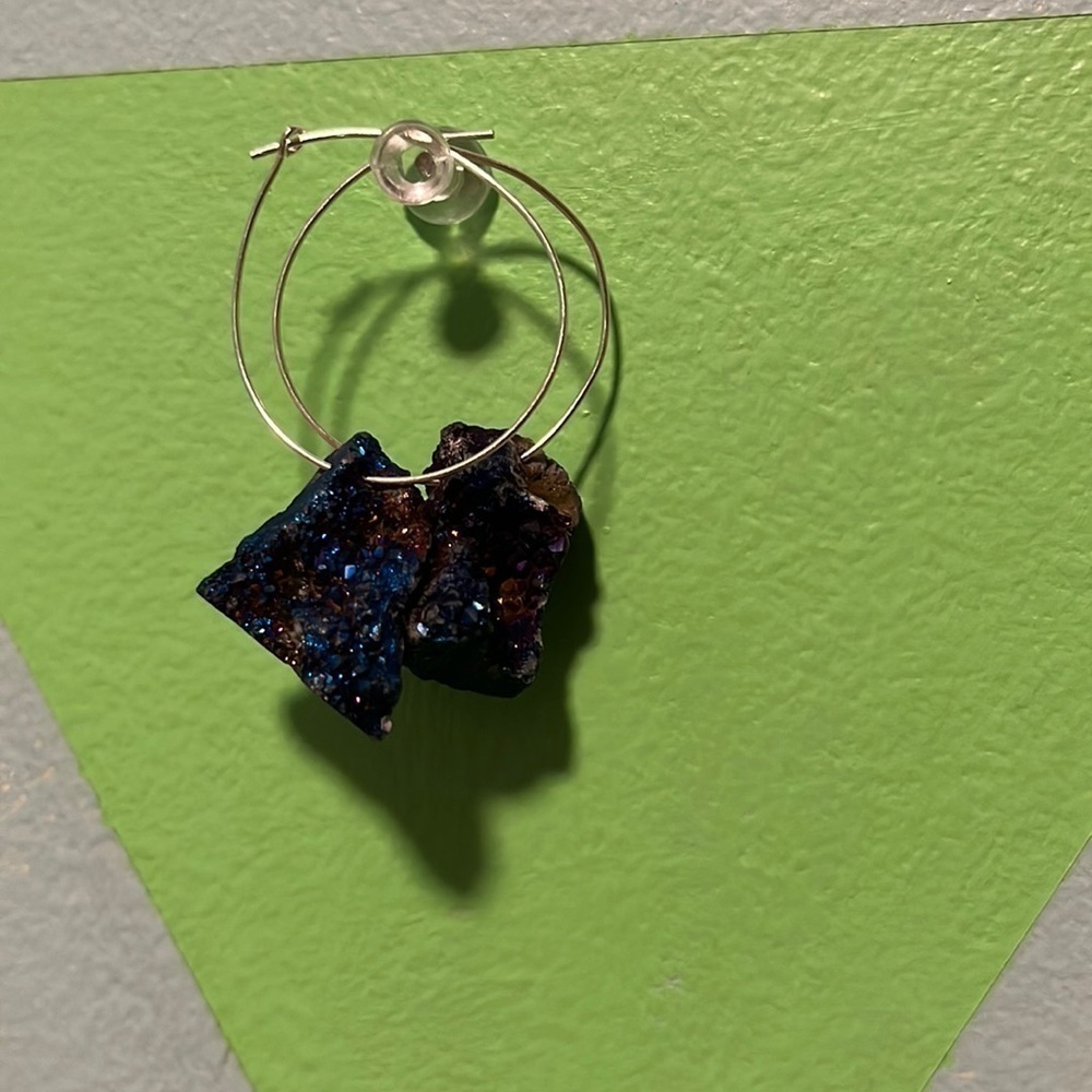 New Handmade Geo Blue Stone on Silver Color Colored Loop Earrings Gift Box